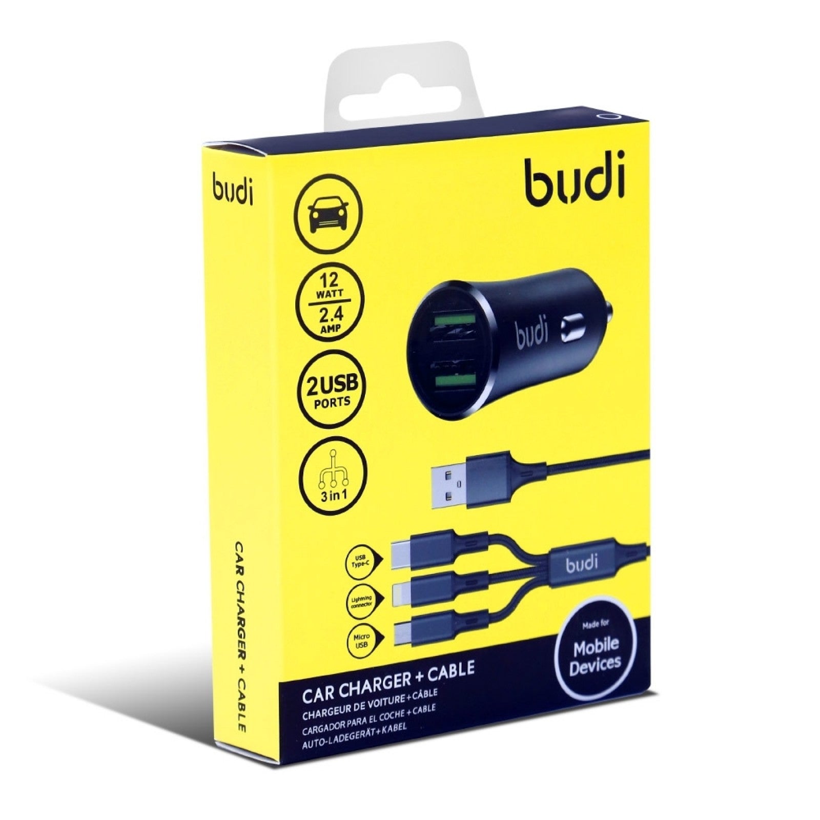 Budi 3in1 Car Charger + Cable
